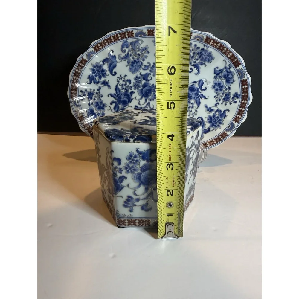 Blue & White Floral Porcelain Decorative Tray and Covered Box Set